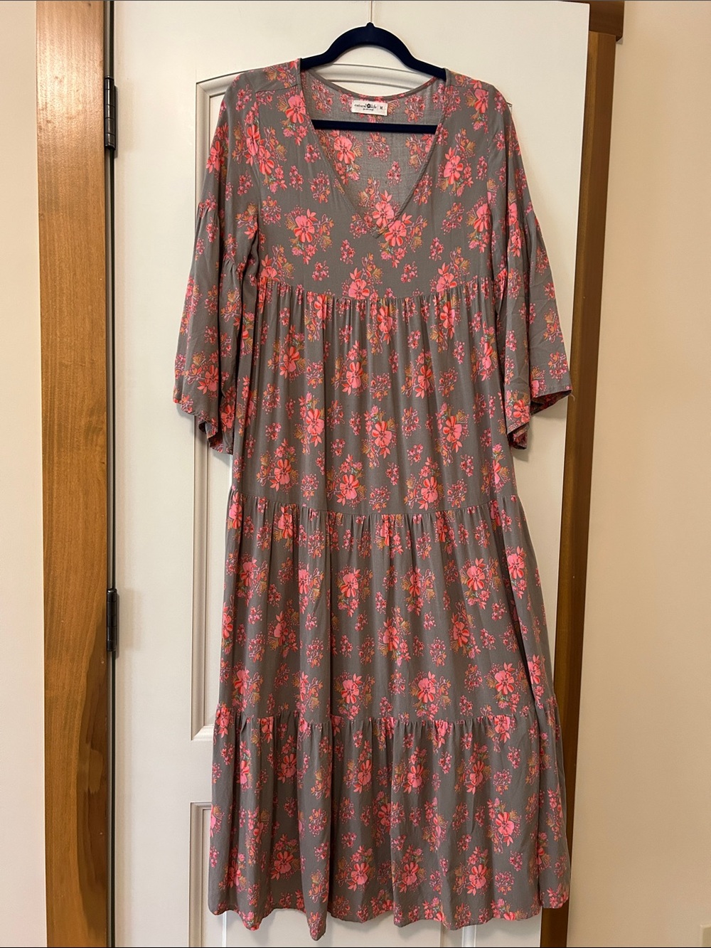 NATURAL LIFE Charlotte Gray Maxi Dress with Pink Floral Print Bell Sleeve - Picture 1 of 10